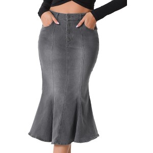 Allegra K Women's Fishtail Button Front Side Pockets Midi Denim Distressed Skirt - 1 of 4