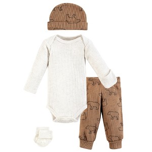 Hudson Baby Boys Thermal Preemie Layette Set 4pc Long Sleeve Outfit, Bear, Preemie - 1 of 4