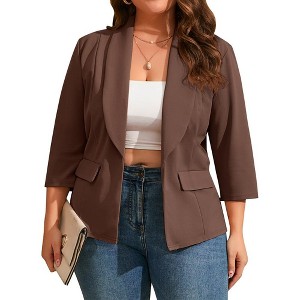 MISSKY Womens Plus Size Casual Blazer Office 3/4 Sleeve Open Front Cardigans Jacket Work Suit with Pockets - 1 of 4