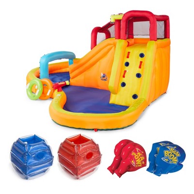 Banzai Kids Inflatable Outdoor Lazy River Adventure Water Park Slide and Pool & Battle Bop Combo Pack w/ Inflatable Gloves & Body Bumpers, 2 Pairs