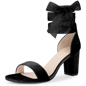 BLISSFUL STEP Women's Ankle Tie Chunky Heel Velvet Sandals - 1 of 4