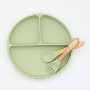 MyKids-USA Baby Silicone Round Sucker Compartment Dinner Plate With Spoon Fork Sets - 1 of 2