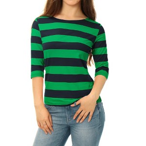 INSPIRE CHIC Women's Stripes Casual Basic Elbow Sleeves Boat Neck Slim Fit T-Shirts - 1 of 4