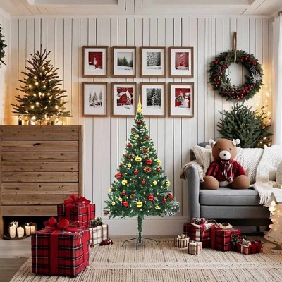 vidaXL Artificial Pre-lit Christmas Tree with Baubles Green 5 ft