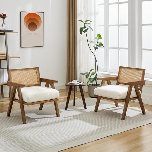 Mid-Century Accent Chair Set of 2 - Farmhouse Wood Armchair with Rattan Backrest & Linen Cushion - 1 of 4