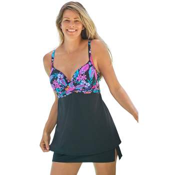 Swimsuits For All Women's Plus Size Bra Sized Crochet Underwire Tankini Top  40 C Dark Purple Leaf
