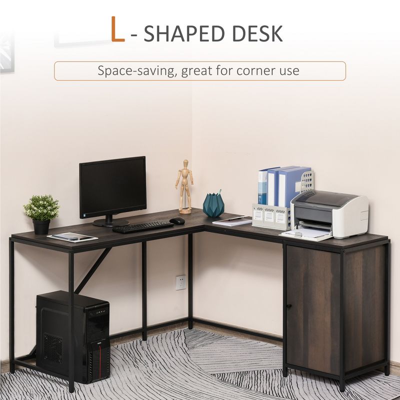 HOMCOM L-Shaped Computer Corner Desk with Storage Cabinet Adjustable Shelf Large Tabletop and Black Steel Frame Brown, 3 of 9