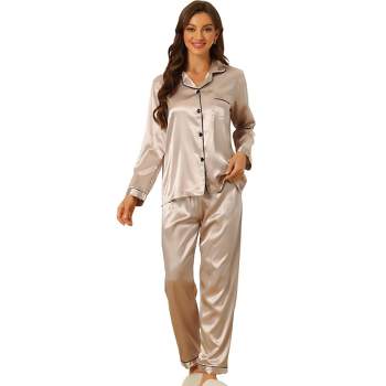 cheibear Women's Satin Button Down Lounge Tops and Pants Pajama Set