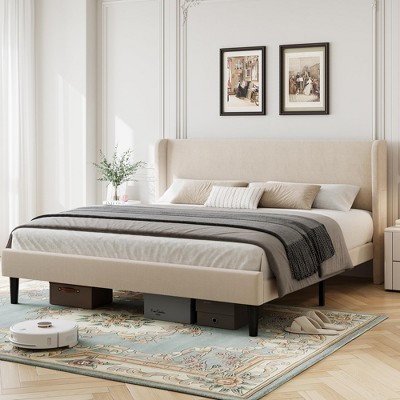 Whizmax Bed Frame with Wingback Headboard, Upholstered Bed Frame with Wood Slats, Sturdy Support Feet, No Box Spring Needed, Easy Assembly