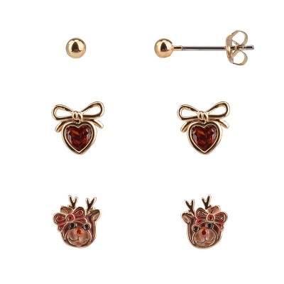 FAO Schwarz Gold Tone Reindeer and Heart Trio Earring Set