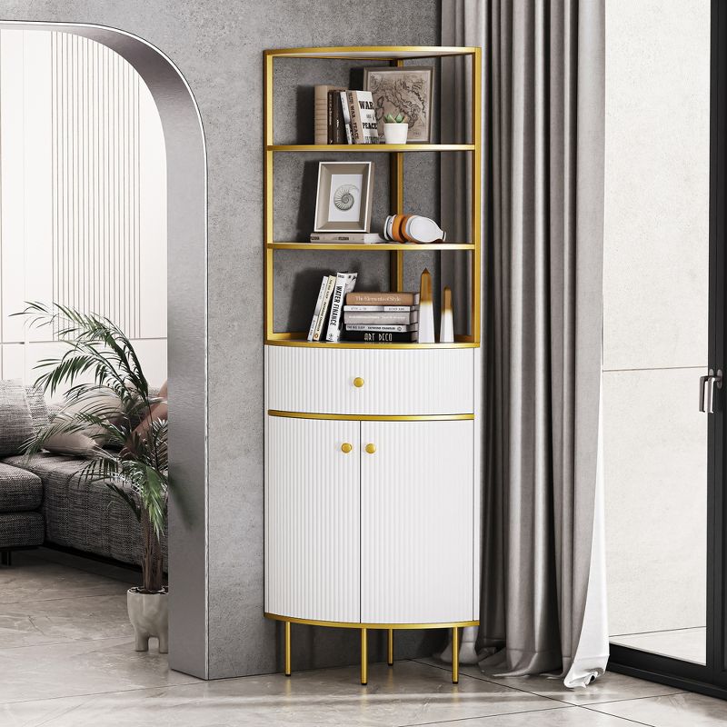 74.8"H Tall Corner Bookshelf, Fan-Shaped Wooden Standing Bookcase with Drawer and Cabinet 4M, White -ModernLuxe, 2 of 16