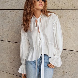 Women's Top Tie Neck Ruffle Blouse Puff Sleeves Elegant Loose Fit Casual Shirt - 1 of 3