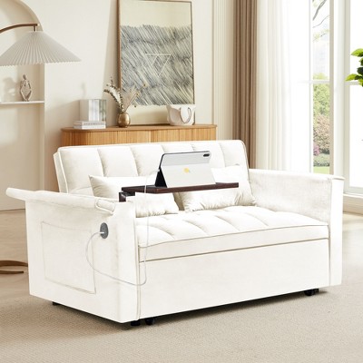 CAVINAS 55.5"3-In-1 Foldable Sofa Bed,Velvet Double Couch with Adjustable Back,Storage Bag and Pillow,Modern Sofa with USB Port for Living Room,Beige