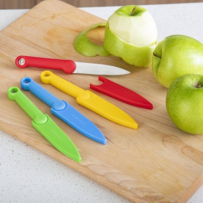 Prepworks Set of 4 Food Safety Paring Knives: Ergonomic Handle, Stainless Steel Blade, Dishwasher-Safe, Multicolor