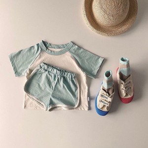 MyKids-USA Baby Boys And Girls Color Patchwork Design Round Neck Short-Sleeved Top Combo Shorts Summer Cotton Sets - 1 of 4