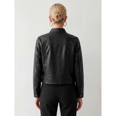 Женские куртки INSPIRE CHIC Women's Collarless Vintage Cropped Long Sleeve Snap Button Casual Faux PU Moto Outerwear Jackets M Black — фото 3