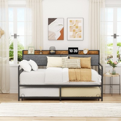 Black Twin Metal Daybed with Upholstered Headboard and Trundle