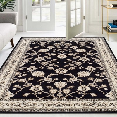 Black Floral Synthetic Traditional Indoor Area Rug