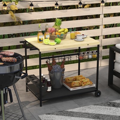 MOEPISY Outdoor Serving Cart, Patio Rolling Serving Cart with Wheels, Side Handle, 2 Baskets, 4 Wine Holders