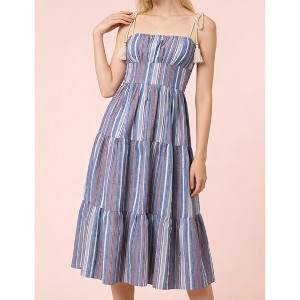 Women's Striped Spaghetti Strap Maxi Dress Casual Smocked Vacation Beach Dress Blue S