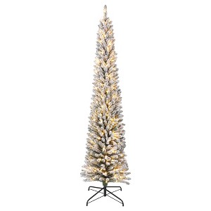 Pre-Lit Artificial Christmas Tree, Snow Flocked Pencil Christmas Tree with Metal Stand, Slim Xmas Tree for Home Office Party Holiday Decoration - 1 of 4