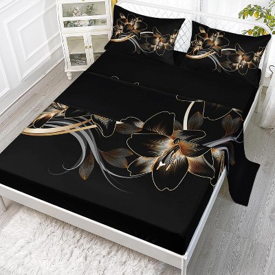 Boersma Black Golden Flower Sheet Set Fresh Floral Bedding Set Elegant Luxury Vintage Flat Sheet Set , 1 Flat Sheet 1Fitted Sheet 2 Pillowcases
