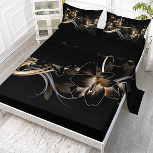 Boersma Black Golden Flower Sheet Set Fresh Floral Bedding Set Elegant Luxury Vintage Flat Sheet Set , 1 Flat Sheet 1Fitted Sheet 2 Pillowcases - 1 of 4