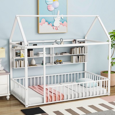 Twin/Full Size Metal Platform Bed House Bed Frame with Fence and Shelves, White/Black/Pink-ModernLuxe