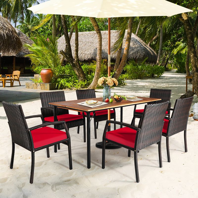 Tangkula 7- Piece Patio Dining Furniture Set Acacia Wood and Wicker Dining Table Armchairs Navy/Red/White/Turquoise, 4 of 8