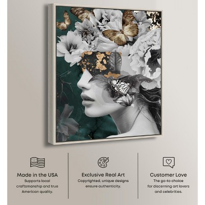 Golden Butterflies and Floral Canvas Art in Silver Frame