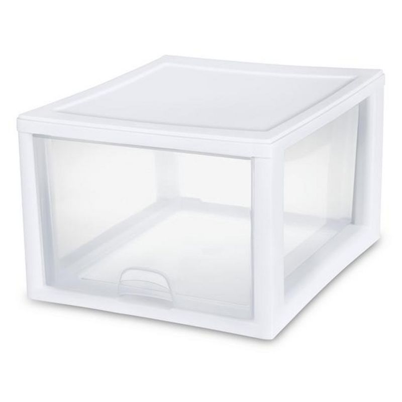 Sterilite 27 Quart Plastic Stackable Storage Container Bin w/Built-in Handles and Removable Lids, Clear Base w/White Frame, 3 of 8