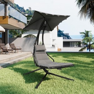 Outdoor Hanging Chaise Lounge Chair with Removable Canopy and Pillow, Curved Steel Hammock Swing for Patio or Garden - 1 of 4