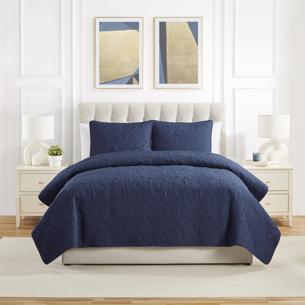 Photos - Bed Linen VCNY 3pc Full/Queen Sea Shells Pinsonic Quilt Set Navy: Hypoallergenic Microfiber, Coastal Style