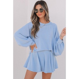 Jet Stream Corded Lantern Sleeve Top High Waist Ruffled Mini Skirt Set - 1 of 1