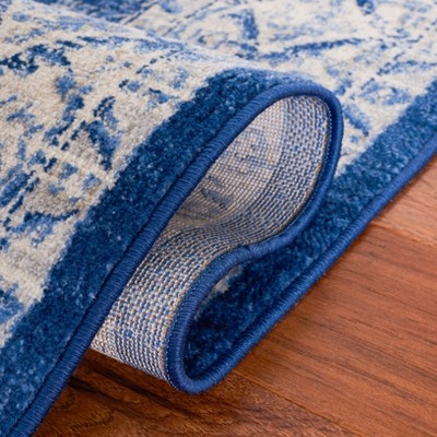 Ivory and Navy Hand-knotted Synthetic Runner Rug, 2' x 9'