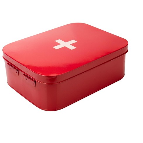 Vintage First Aid Box, Household Storage Box Emergency Organizer Tin (Red,  32.5 x 20.5 x 21cm)