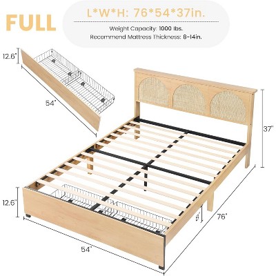 Full Natural Rattan Bed Frame with LED Headboard and Storage Drawers