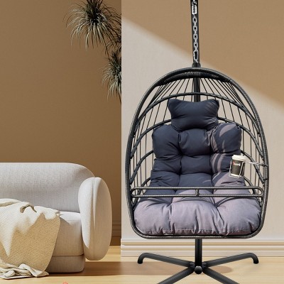 1 Piece Hanging Basket Chair Rattan and Metal Frame with Stand Foldable Seat and Cushion for Patio or Indoor Use - Coolbibila