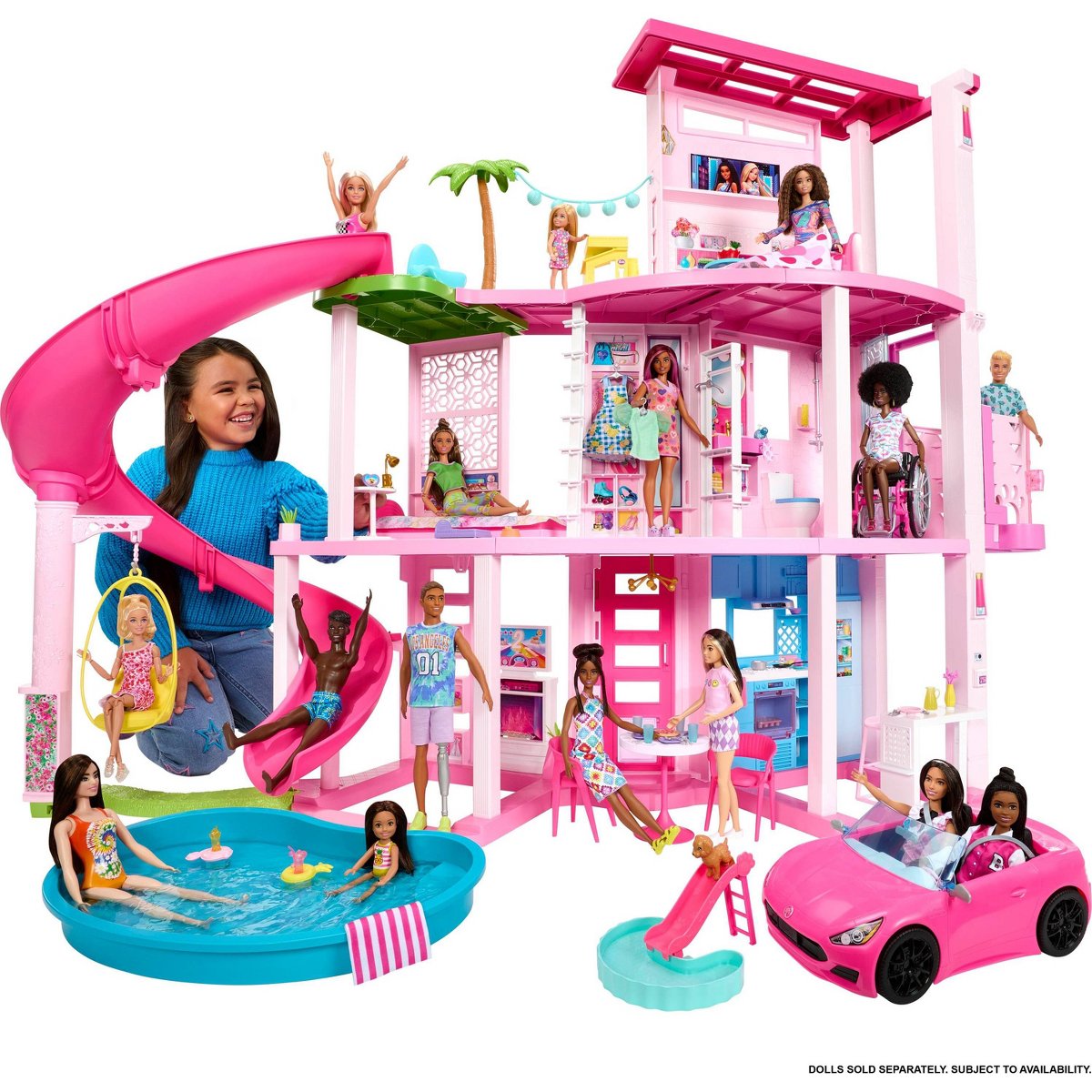 Кукольный домик Barbie Dreamhouse Pool Party, 3 этажа, горка, 75+ деталей — фото 2