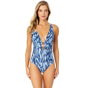 Women's Tie Dye Ikat Double Ring Plunge Front One Piece Swimsuit - 1 of 4