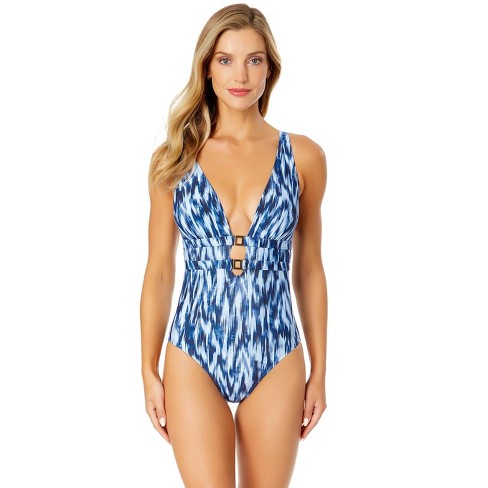 Women's Tie Dye Ikat Double Ring Plunge Front One Piece Swimsuit - Tie