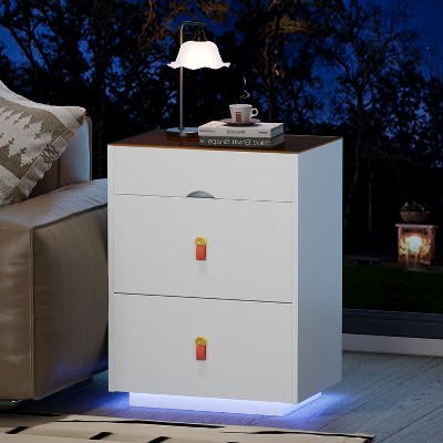 30 Inch Nightstand with Led Light, Smart Tall Night Stand with 3 Storage Drawers & Glass Top