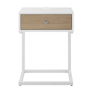 HomeRoots 25" White and Natural Wood and Steel End Table With Drawer And USB Port - 1 of 4