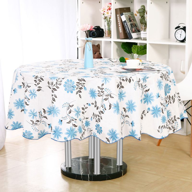 PiccoCasa Round Vinyl Water Oil Resistant Printed Tablecloths Blue Flower 70" Dia, 1 of 4