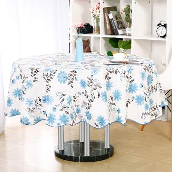 PiccoCasa Round Vinyl Water Oil Resistant Printed Tablecloths Blue Flower 70" Dia