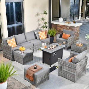 Tenaya 10pc Wicker Outdoor Patio Furniture Set Conversation Sofa with a Metal Fire Pit and Cushions - 1 of 4