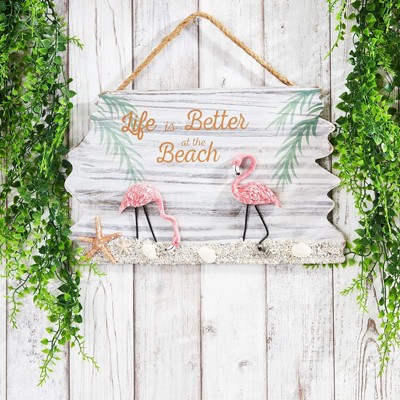 Juvale Tropical Flamingo and Beach Scene Wooden Hanging Wall Decoration