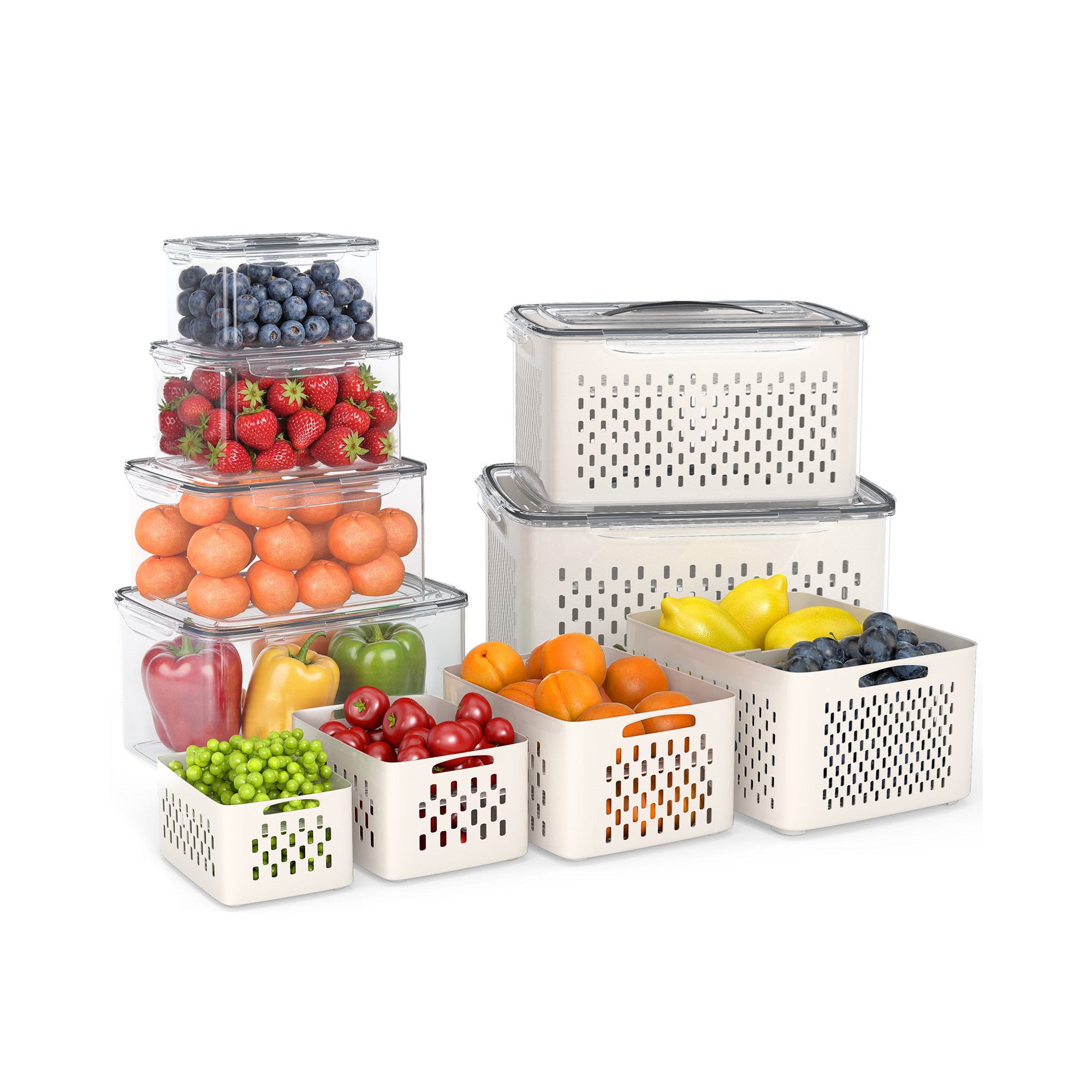 SUGIFT Food Container Airtight Produce Saver with Drain Basket and Divider Plate，BPA Free Fridge Storage Bins for Fruits Vegetables Meat