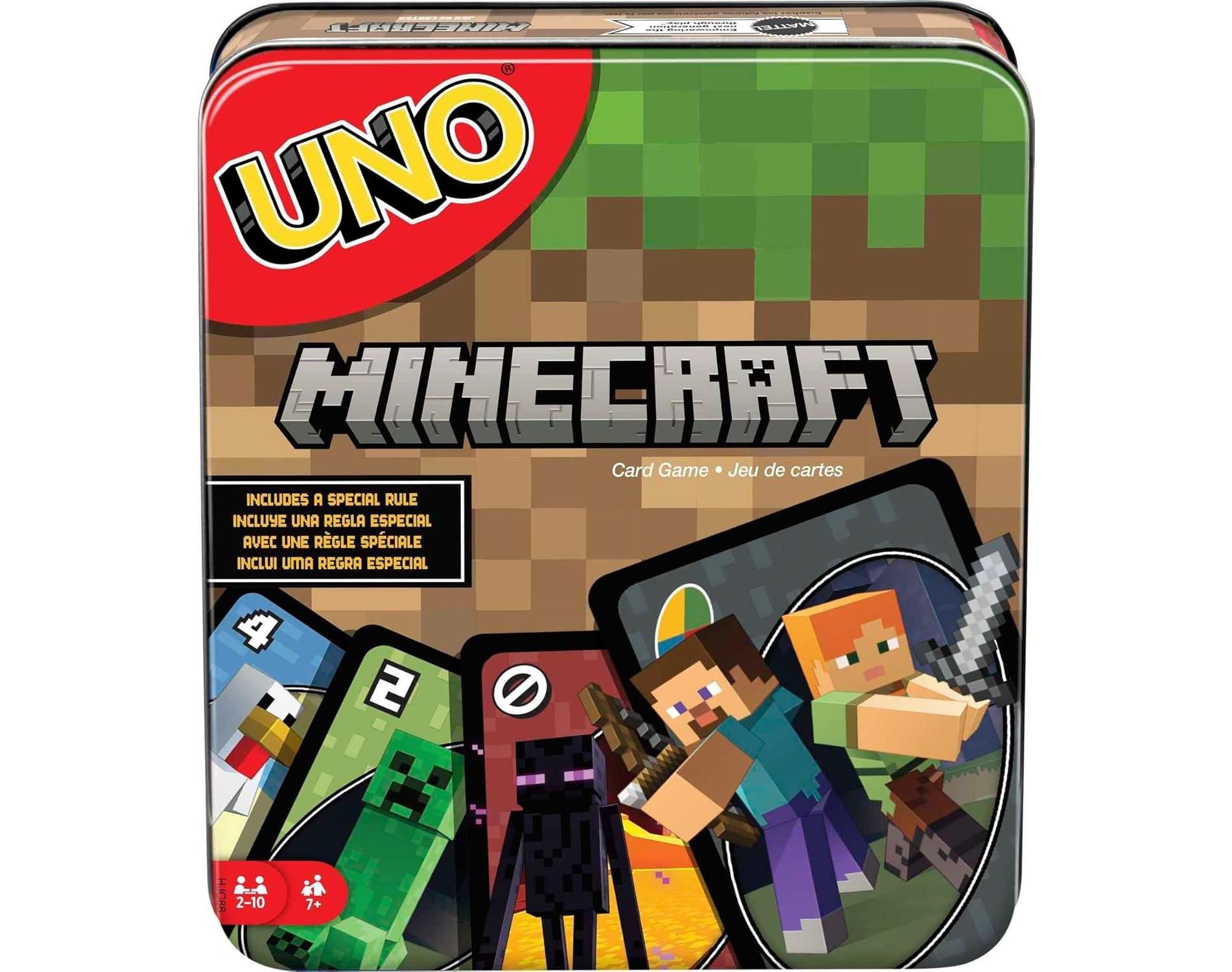 Mattel Games UNO Minecraft Card Game for Kids, Family Night, Travel, Storage Tin, Unique Creeper Card, 2-10 Players, Video Game-Themed