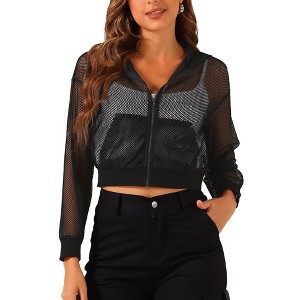 INSPIRE CHIC Women's Zip Up Fashion Mesh Sheer Hoodie Bomber Jackets with Pocket - 1 of 4